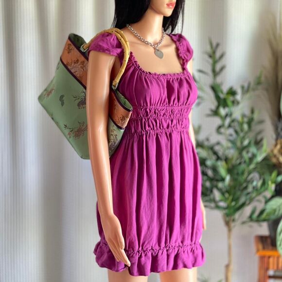 Fuchsia Linen Blend Smocked Mini Dress Ruffle Hem Open Back Milkmaid Peasant S - Picture 1 of 9